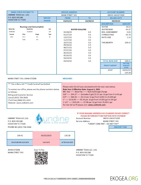 USA Texas Undine water is our element water  utility bill Word and PDF formats